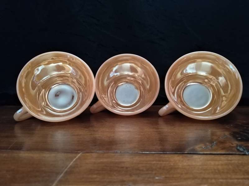 Fire-King Glass 1950s Vintage Anchor Hocking Peach Lusterware 3 x Teacups