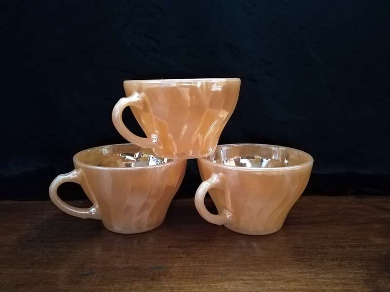 Fire-King Glass 1950s Vintage Anchor Hocking Peach Lusterware 3 x Teacups