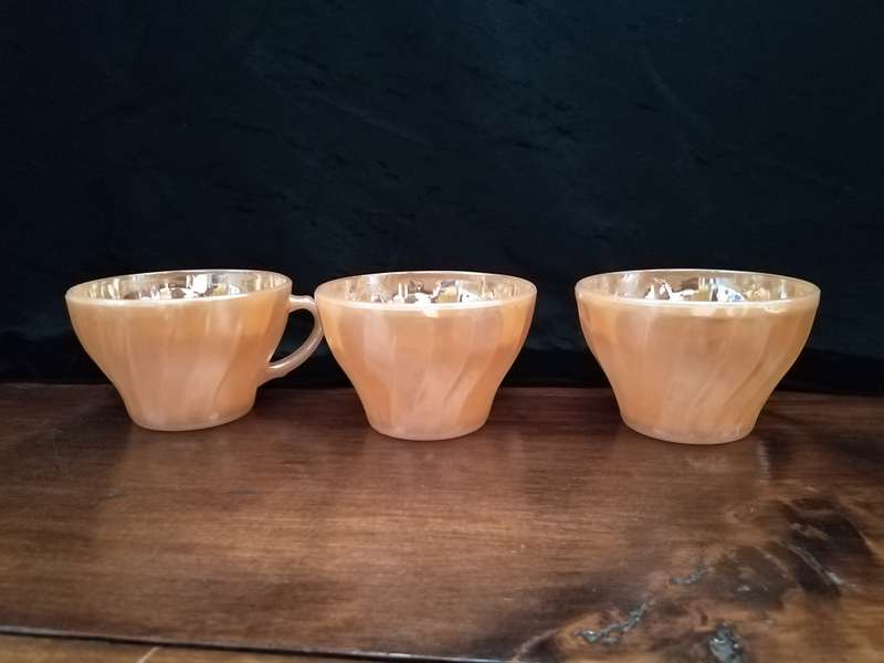 Fire-King Glass 1950s Vintage Anchor Hocking Peach Lusterware 3 x Teacups