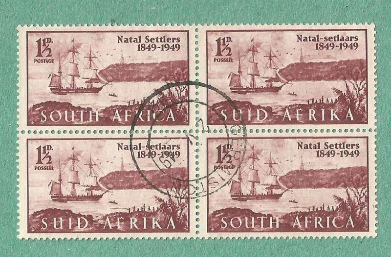 1949-Union of SA-Centenary of Arrival of British Settlers in Natal. UHB Ve `V` Sideways Bot Right