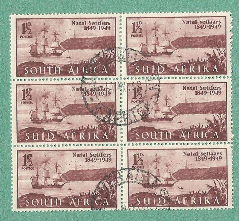 1949-Union of SA-Cent of Arrival of British Settlers in Natal. Midd Right Spots on stamp