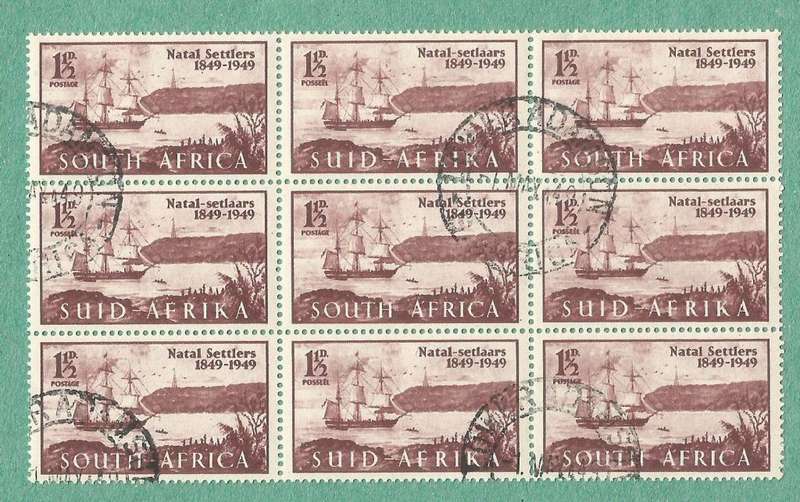 1949-Union of SA-Cent of Arrival of British Settlers in Natal. Bot Middel stamp, mark behind `N`