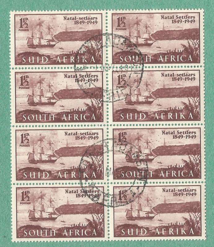 1949-Union of SA-Cent of Arrival of British Settlers in Natal. Spots to left of ship, Right 2 stamps