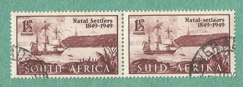 1949-Union of SA-Centenary of Arrival of British Settlers in Natal. Mark behind N. Top R