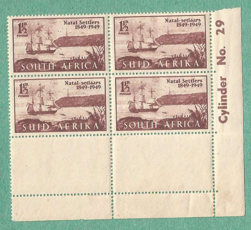 1949-MM-Union of SA-Cen of Arrival of British Settlers in Natal. RH stamps. Tail to N and spot by 1