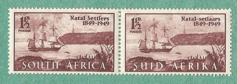 1949-MNH-Union of South Africa-Centenary of Arrival of British Settlers in Natal. Mark on S of Suid
