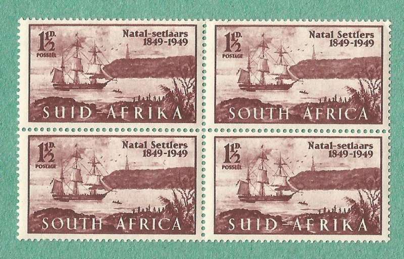 1949-MNH-Union of South Africa-Centenary of Arrival of British Settlers in Natal. Curl below 49-19