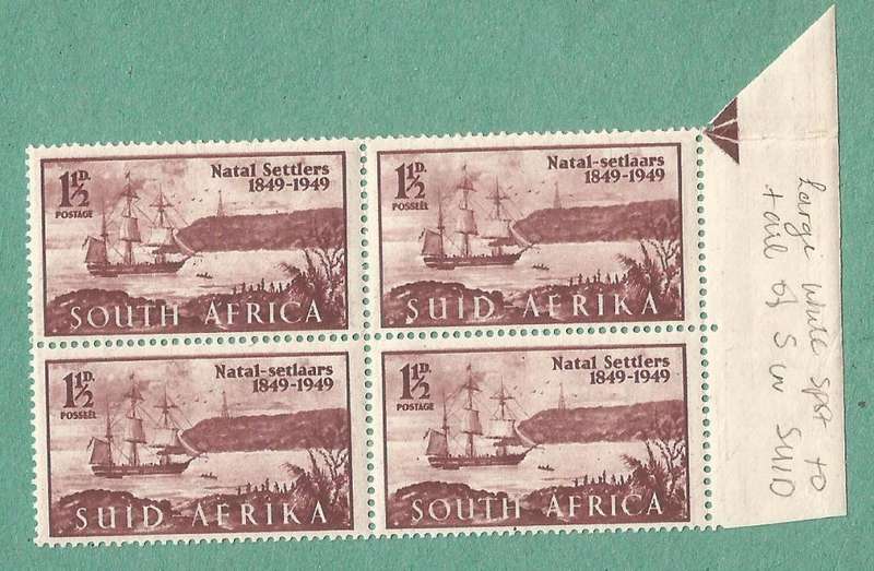 1949-MNH-Union of South Africa-Centenary of Arrival of British Settlers in Natal. Spot on S