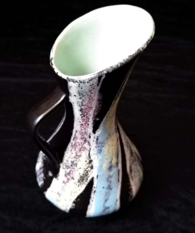 West German Vase with handle - Pink, Black and White 537-12. 13.5cm high