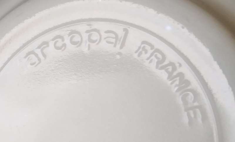 Arcopal White milk glass with Blue flower pattern
