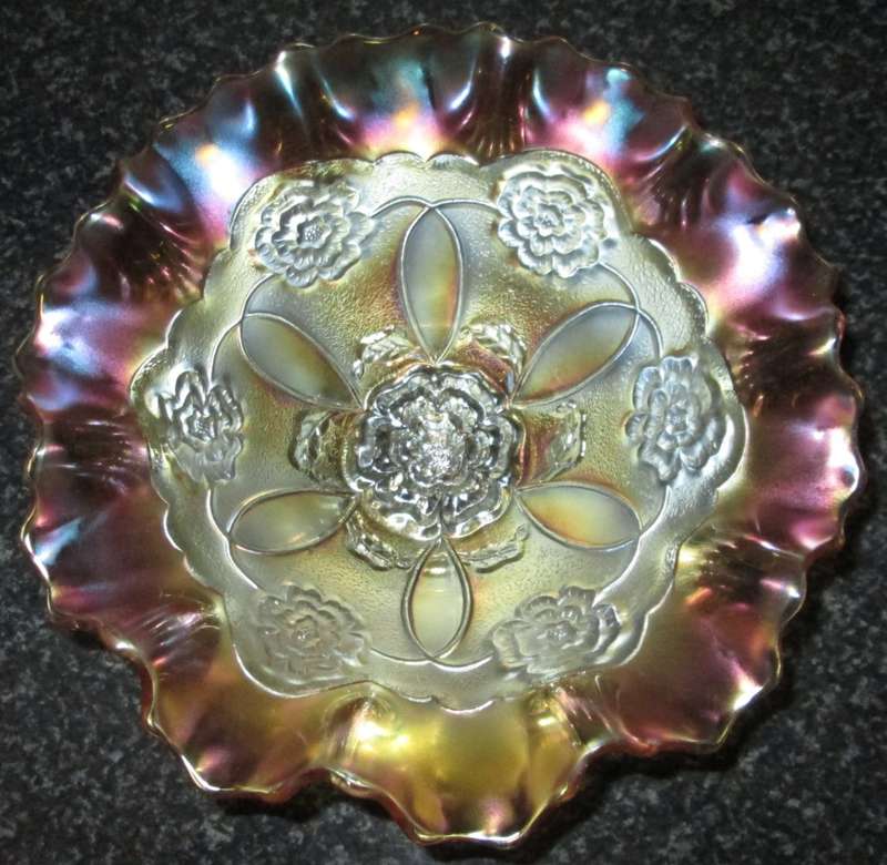 Home Decor-Carnival Glass-Bowl-Double Stem Rose Dugon/Diamond-Good Condition