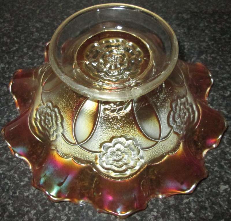 Home Decor-Carnival Glass-Bowl-Double Stem Rose Dugon/Diamond-Good Condition