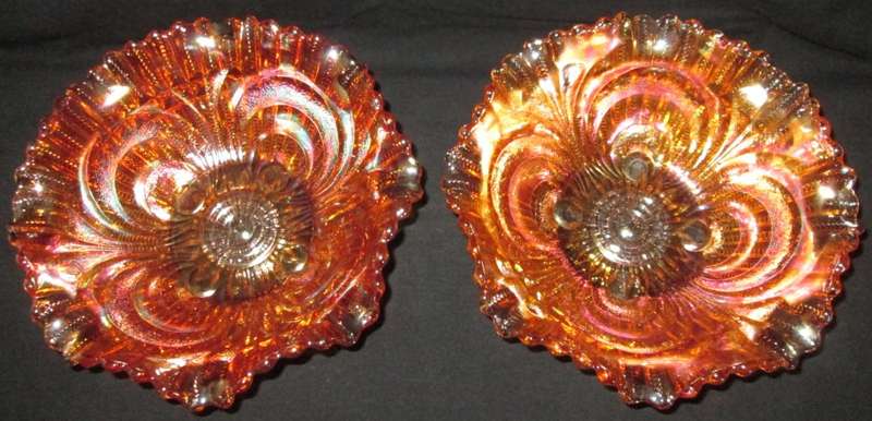 Home Decor-Carnival Glass-Bowls-Pair-Scroll Embossed Imperial File Set -Good Condition