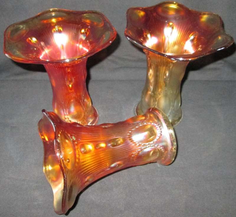 Home Decor-Carnival Glass-3 x Vases-Beaded Bullseye Imperial Squat Vases 1909 -Good Condition
