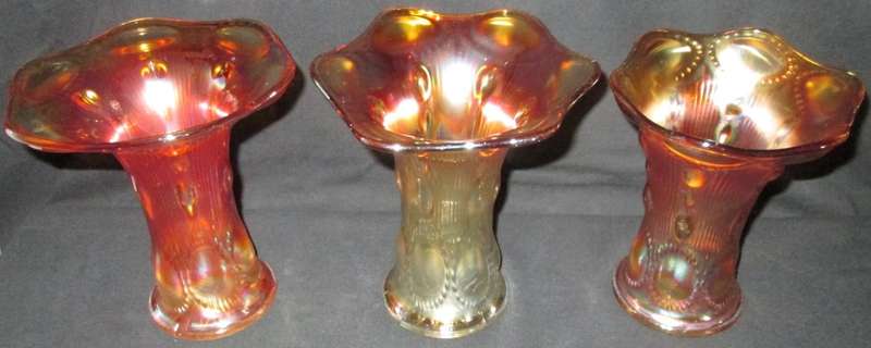 Home Decor-Carnival Glass-3 x Vases-Beaded Bullseye Imperial Squat Vases 1909 -Good Condition