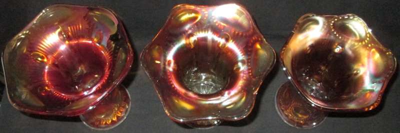 Home Decor-Carnival Glass-3 x Vases-Beaded Bullseye Imperial Squat Vases 1909 -Good Condition