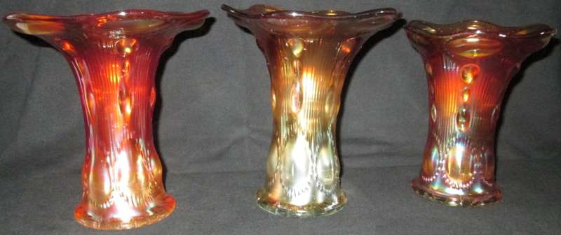 Home Decor-Carnival Glass-3 x Vases-Beaded Bullseye Imperial Squat Vases 1909 -Good Condition