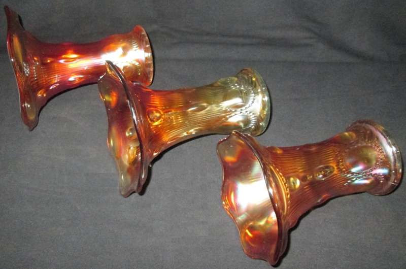 Home Decor-Carnival Glass-3 x Vases-Beaded Bullseye Imperial Squat Vases 1909 -Good Condition