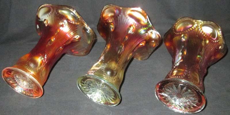 Home Decor-Carnival Glass-3 x Vases-Beaded Bullseye Imperial Squat Vases 1909 -Good Condition