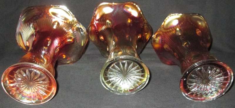 Home Decor-Carnival Glass-3 x Vases-Beaded Bullseye Imperial Squat Vases 1909 -Good Condition
