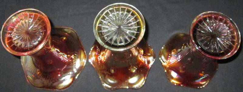 Home Decor-Carnival Glass-3 x Vases-Beaded Bullseye Imperial Squat Vases 1909 -Good Condition