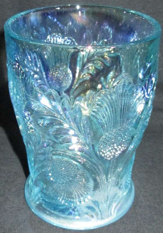 Home Decor-Carnival Glass-Blue Glass- Mosser / Cambridge Inverted Thistle Ice Blue-Good Condition