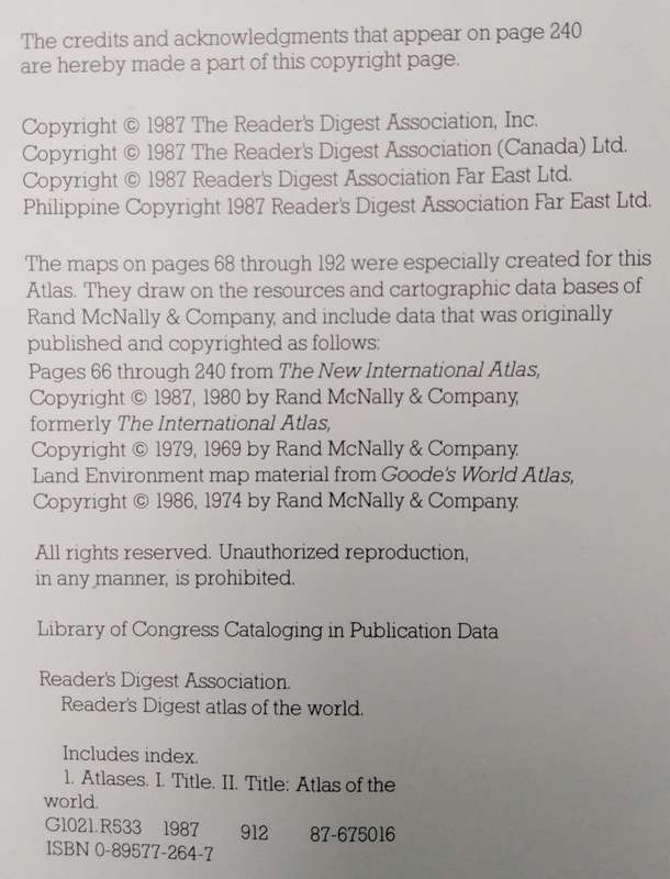 Book-1987-Readers Digest Atlas of The World/Rand Mcnallys Maps/240pg