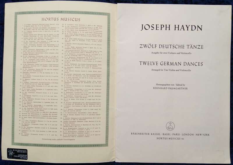 Book-Hortus Musicus/Joseph Haydn/Twelve German Dances/Arranged for two Violins&Violoncello