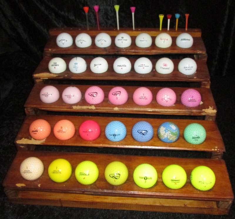 Sport-Golf Ball Collection-Memorabilia Homemade Stand with 35 Golf Balls from different competitions