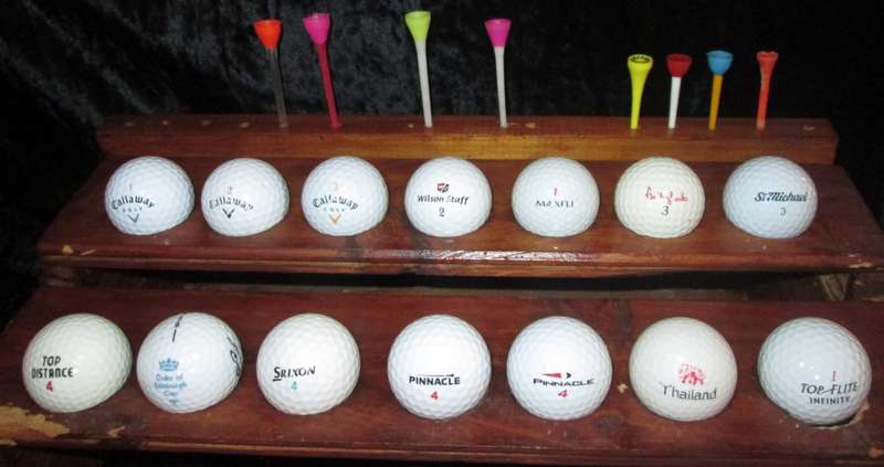 Sport-Golf Ball Collection-Memorabilia Homemade Stand with 35 Golf Balls from different competitions