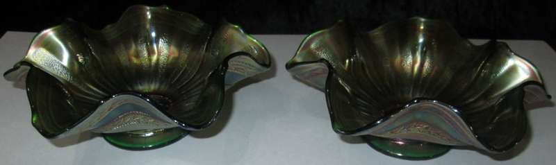 Pair of 1930s Fenton Carnival Glass Green Stippled Rays With Scale Band Footed bowl / Ruffled Hat