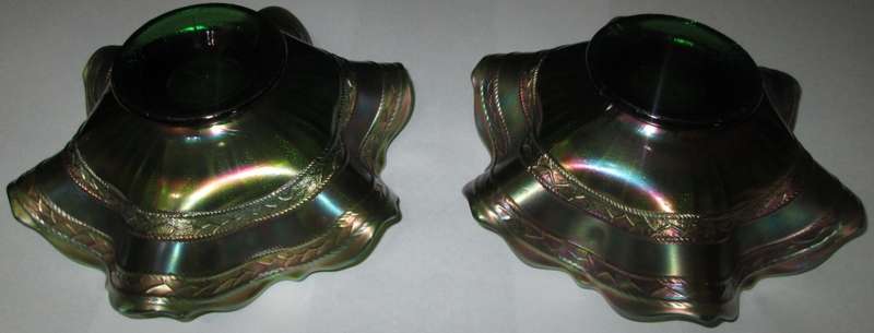 Pair of 1930s Fenton Carnival Glass Green Stippled Rays With Scale Band Footed bowl / Ruffled Hat