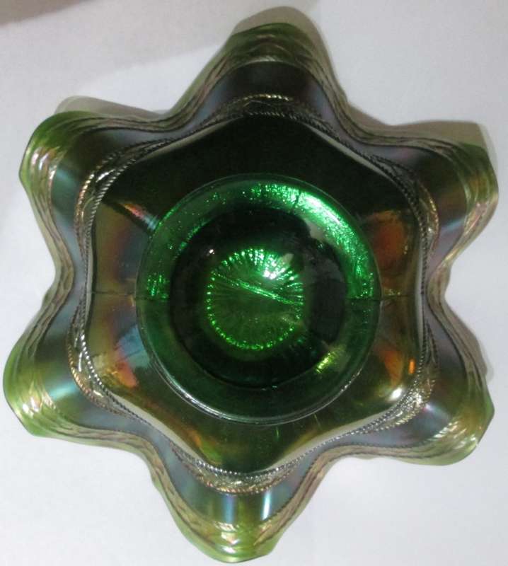 Pair of 1930s Fenton Carnival Glass Green Stippled Rays With Scale Band Footed bowl / Ruffled Hat