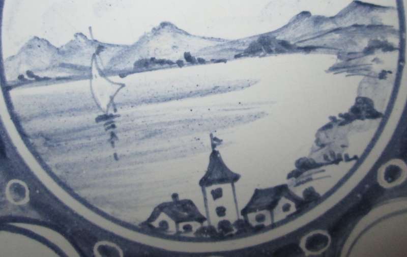 Home Decor-Wall Decor-3 x Blue & White Hand Painted Plates-Houses, River & Sailboat Scenery