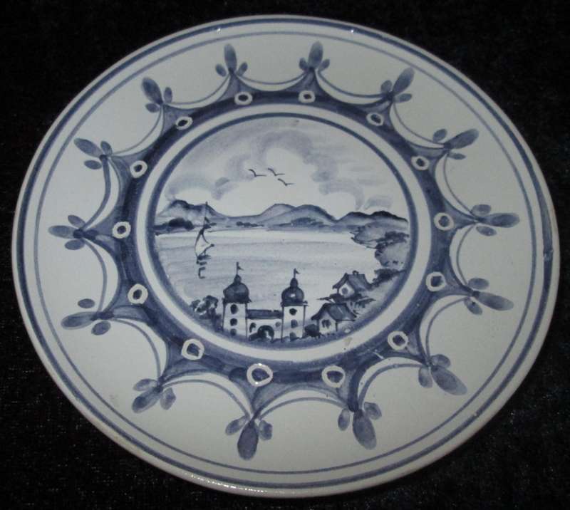 Home Decor-Wall Decor-3 x Blue & White Hand Painted Plates-Houses, River & Sailboat Scenery