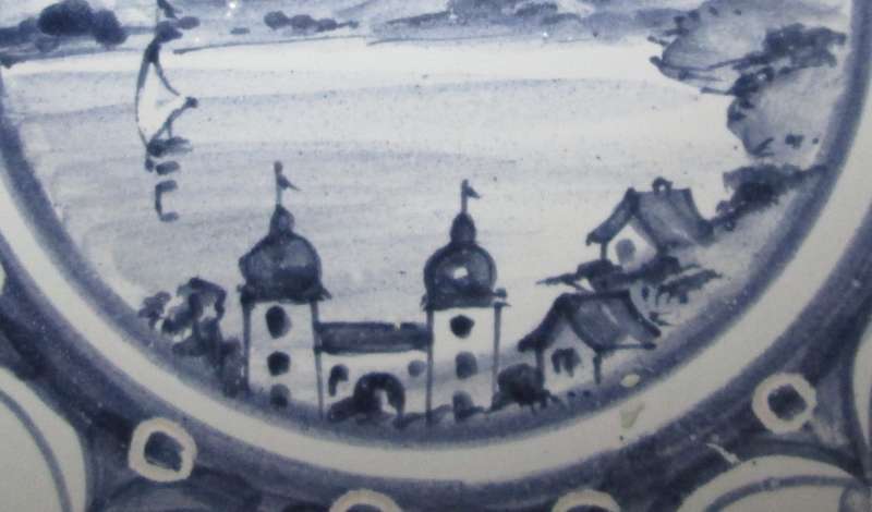 Home Decor-Wall Decor-3 x Blue & White Hand Painted Plates-Houses, River & Sailboat Scenery