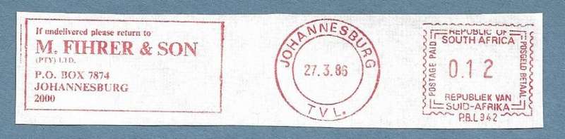 1986-Johannesburg Cancel/Postmark/Post Mark