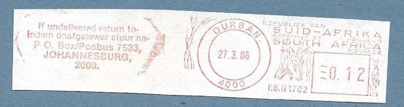 1986-Durban Cancel/Postmark/Post Mark