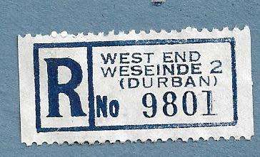 Registration Label-West End Weseinde 2 (Durban)-R 9801