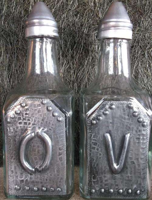 Glass Olive Oil and Vinegar glass Bottle Set  - Handcrafted Pewter Art