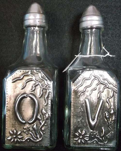 Glass Olive Oil and Vinegar glass Bottle Set  - Handcrafted Pewter Art