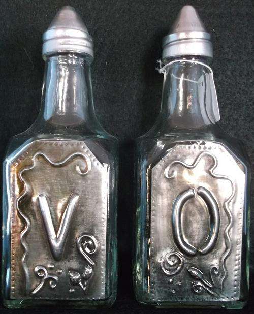 Glass Olive Oil and Vinegar glass Bottle Set  - Handcrafted Pewter Art