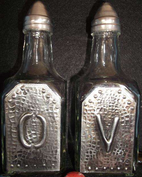 Glass Olive Oil and Vinegar glass Bottle Set  - Handcrafted Pewter Art