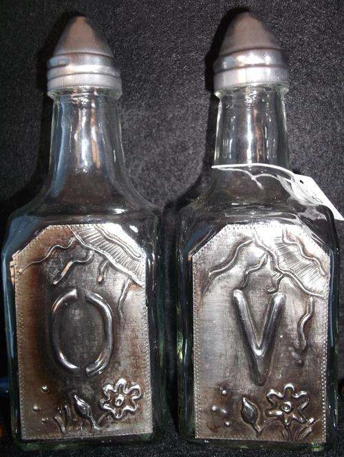 Glass Olive Oil and Vinegar glass Bottle Set  - Handcrafted Pewter Art