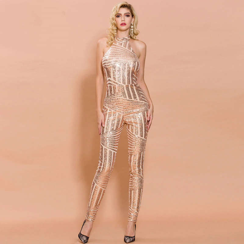 Elegant Off Shoulder Sequin Bright Star Backless Jumpsuit