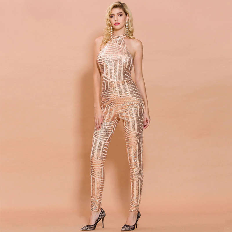 Elegant Off Shoulder Sequin Bright Star Backless Jumpsuit