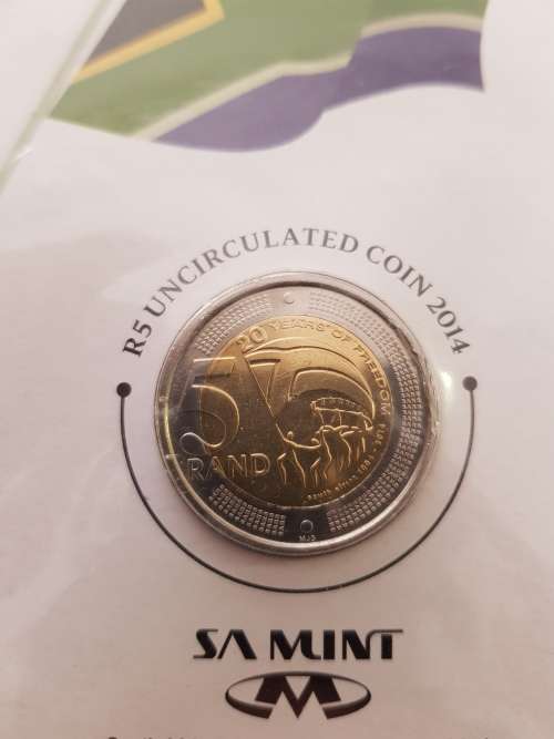 20 Years of Democracy R5 Bi-metal coin with R2 100 Yr Anniversary of the Union Buildings coin