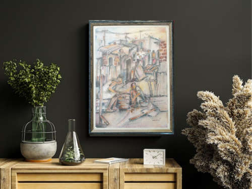 Ephraim Ngatane (1938 - 1971 SA) Township Scene - Watercolour Investment Art