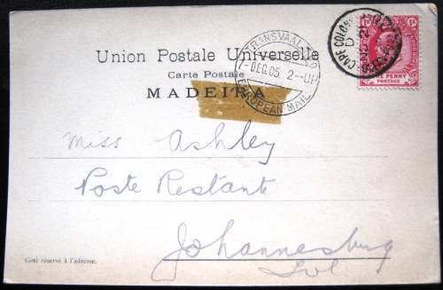 POSTAL HISTORY - POSTCARD WITH 'OCEAN POST OFFICE' AND 'TRANSVAAL TPO' , EUROPEAN MAIL - SCARCE!