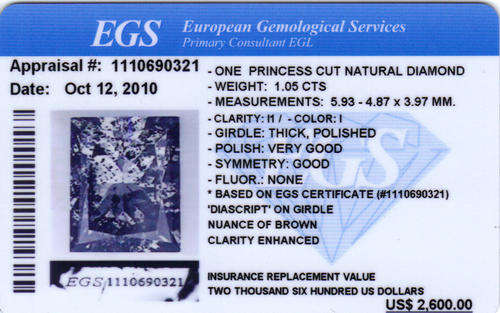 ** CERTIFIED 1.05 ct PRINCESS DIAMOND { EGS VALUATED AT R18 000 } ***